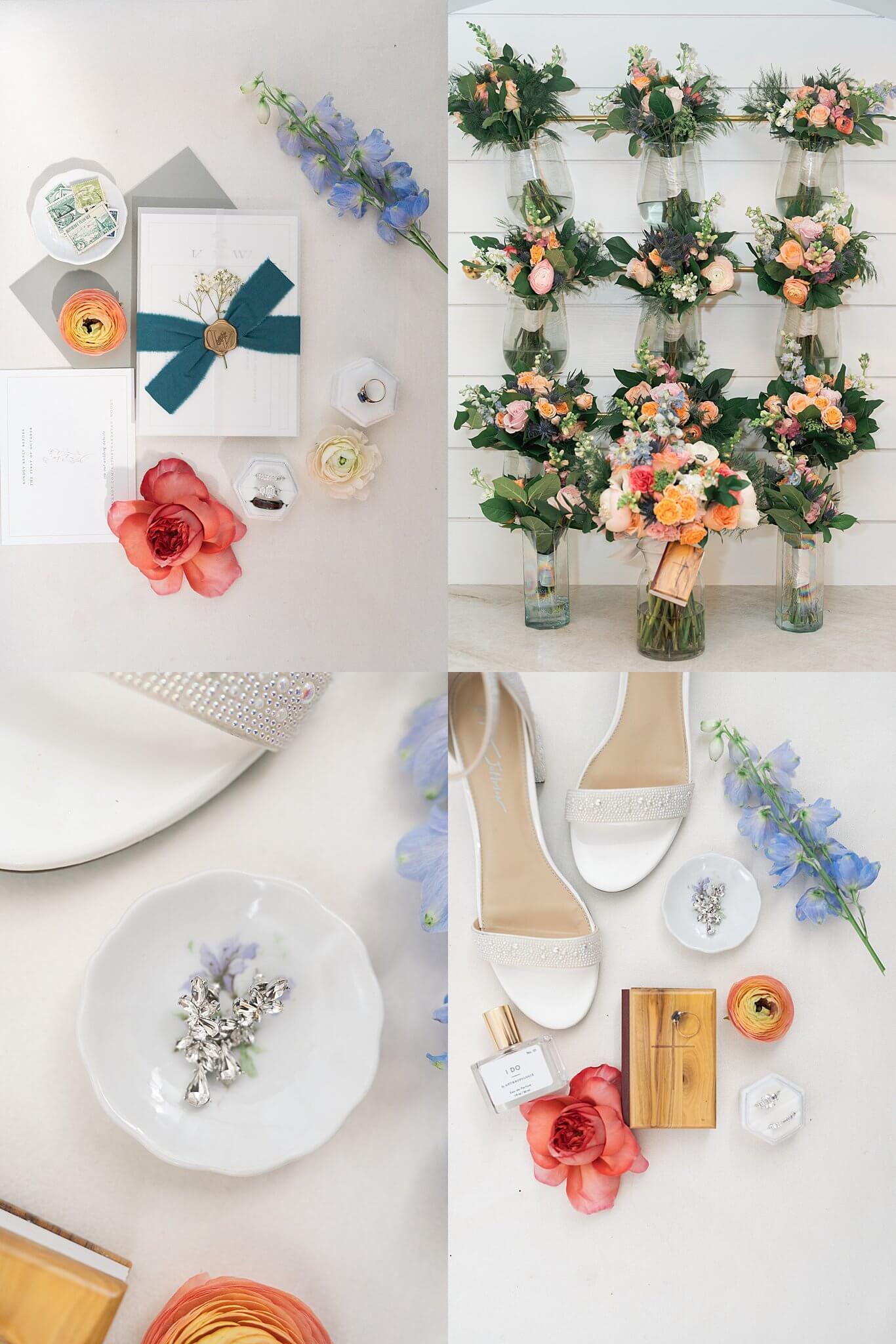 Wedding invitation, flowers and bridal shoes at the Blue Magnolia, in Houston Texas captured by Swish and Click Photography