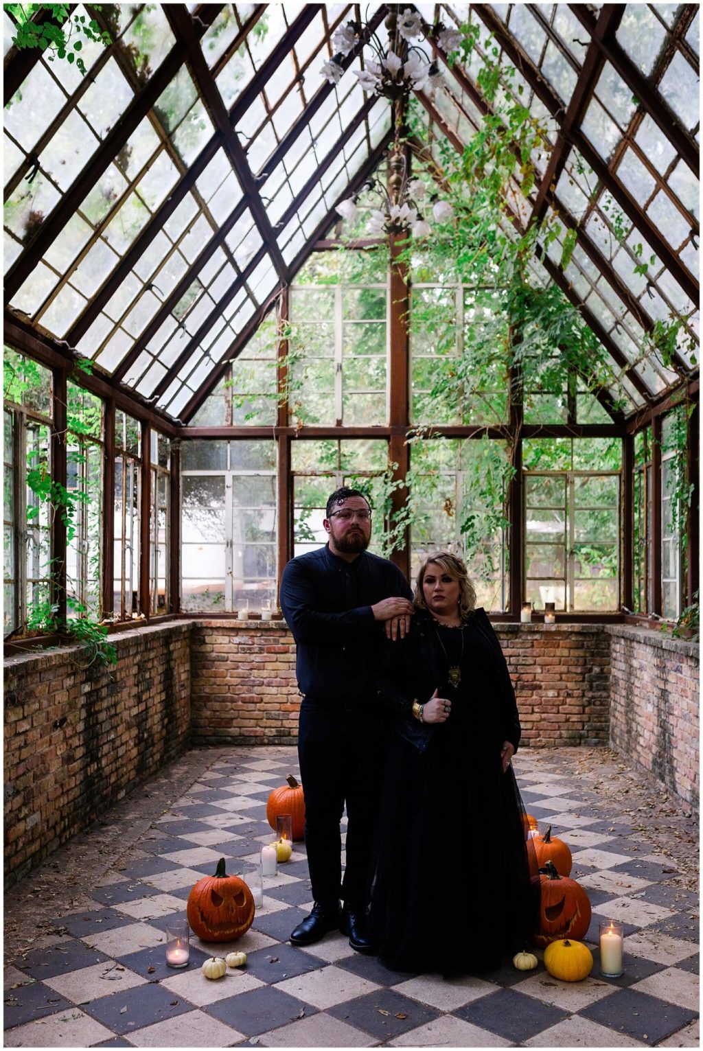 Halloween pumpkin engagements at Sekrit Theater photographed by Swish and Click Photography