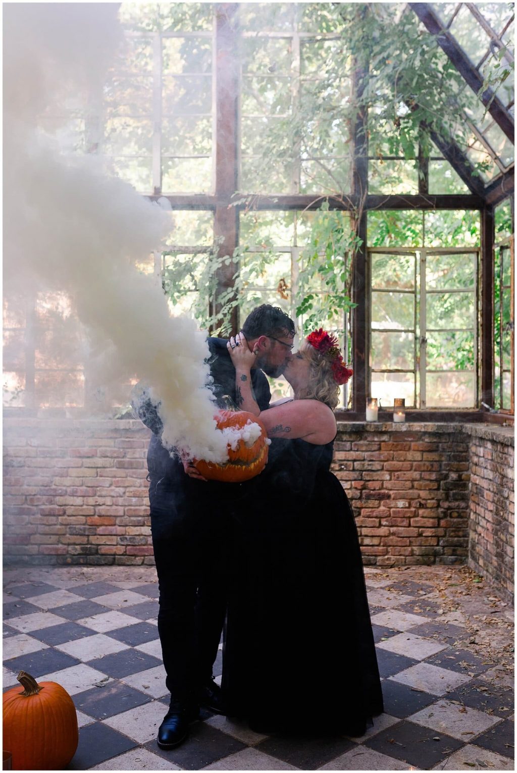 Halloween pumpkin engagements at Sekrit Theater photographed by Swish and Click Photography