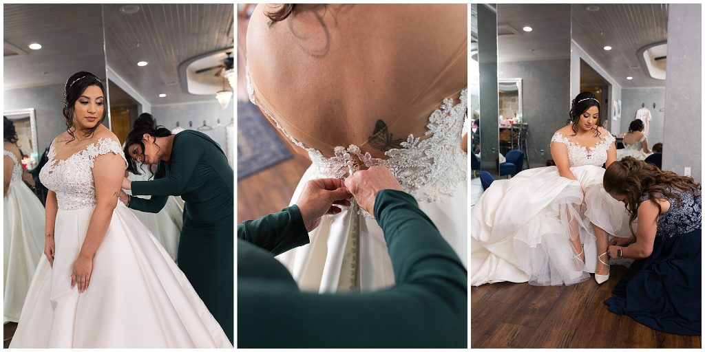 bride getting in her gown at Bridal Oaks in Cypress Texas by Houston wedding photographer Swish and Click Photography