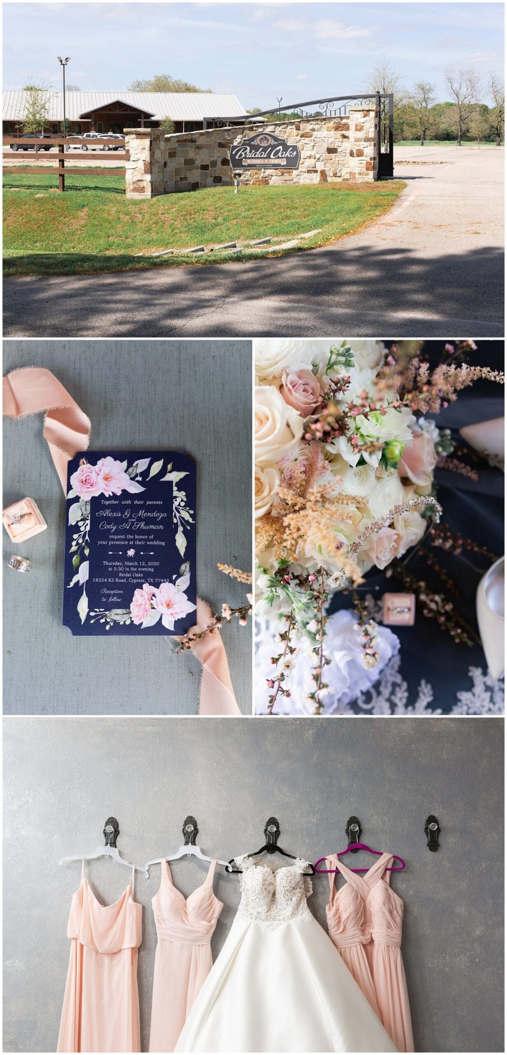 wedding gown and wedding invitation at Bridal Oaks in Cypress Texas by Houston wedding photographer Swish and Click Photography